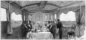 Russischer kaiserlicher Zug, genutzt vom Herzog und der Herzogin von Edinburgh im Jahr 1874: der Speisewagen. Gravur in „Le Monde Illustré“ Nr. 886 vom 6. April 1874