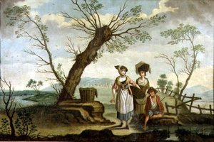 Ländliche Landschaft mit Waschfrauen und einem Bauern