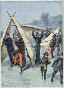 Segelschlittschuhlaufen in Kanada: Freizeitbeschäftigung der Kanadier auf Schlittschuhen und Segeln auf einer Eisbahn, in „Le Petit Parisien“.