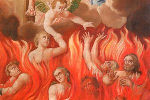 Kirche Saint-Nicolas de Veroce. Jüngstes Gericht: die Hölle. Eine Gruppe der Geretteten. Malerei. Frankreich. von French School