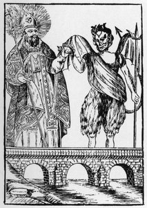 Der heilige Cado (oder Cadoc oder Catuod oder Catoc oder Cazut oder Cadochus), legendärer christlicher Heiliger, gibt dem Teufel eine Katze im Austausch für den Bau einer Brücke - Volksbilder Perret von French School