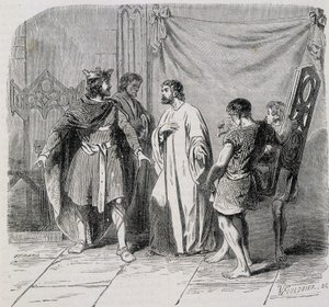 Saint Eloi und Dagobert: Dagobert war erstaunt, als Eloi ihm den zweiten Sessel vorstellte - Gravur 19. Jahrhundert