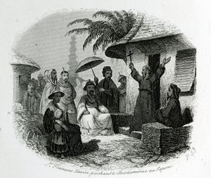 Der heilige Franz Xaver predigt das Christentum in Japan. Gravur zur Illustration der Geschichte und Beschreibung Japans von Pater de Charlevoix, A. Mame et Compagnie, Tours von French School
