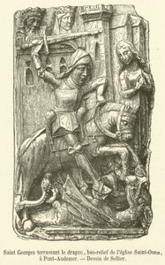 Sankt Georg, der den Drachen tötet, Flachrelief der Kirche Saint-Ouen in Pont-Audemer (Stich) von French School