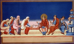 Der heilige Hieronymus erklärt Eustochia und Paule das Evangelium, 9. Jahrhundert von French School