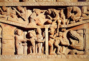 Der heilige Petrus empfängt die Gesegneten im Himmel und die Verdammten fallen in die Hölle, Detail aus dem Jüngsten Gericht am Westportal Tympanon, ca. 1135 von French School