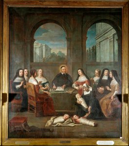 Heiliger Vinzenz von Paul und die Damen der Nächstenliebe. Darstellung von Vinzenz von Paul, Priester, Gründer der Töchter der Nächstenliebe, umgeben von Nonnen und Damen der Nächstenliebe. Anonymes Gemälde