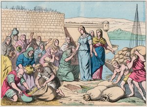 Sainte Genevieve verteilt während der Belagerung von Paris durch die Armee der Hunnen von Attila im Jahr 451 (Barbareninvasionen) Lebensmittel an die Menschen - Sainte Genevieve und das Volk von Paris - Gravur Ende des 19. Jahrhunderts in „Nos Gires Nation von French School