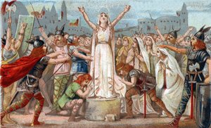 Heilige Genoveva, organisierte die Verteidigung von Paris gegen die Hunnenhorden von Attila und beruhigte das Volk von Paris im Jahr 451. Chromolithographie aus dem späten 19. Jahrhundert