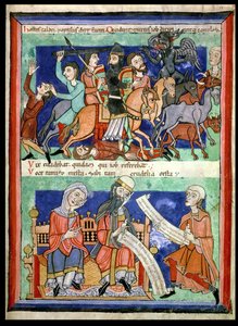 Satan, bewaffnet mit einer Fackel, tötet zwei Hirten und ihre Herde und ein Hirte verkündet die Nachricht an Hiob, aus Moralia in Job von Papst Gregor dem Großen