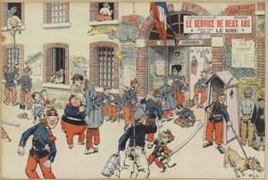 Satire auf die Einführung der Wehrpflicht in die französische Armee. Illustration für Le Rire von French School