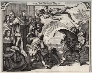 Satirische Allegorie über die Aufhebung der Belagerung von Arras im Jahr 1654 nach der Krönung von Ludwig XIV. (1638-1715). Unten links ist Königin Anna von Österreich (1601-1666). Neben Ludwig XIV. steht Kardinal Jules Mazarin (1602-1661). Gravur