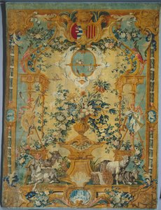 Savonnerie-Panel: Frühling mit Wappen, hergestellt von Savonnerie-Fabrik, Frankreich, vor 1717 von French School