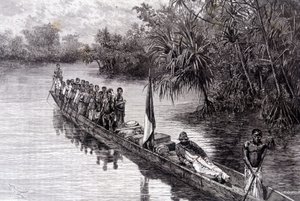 Savorgnan de Brazza in einem Kanu im Pandanus von Westafrika - in „Tour du Monde“, 2. Woche 1887