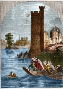 Skandal (Affäre) des Turms von Nesle: Buridan entkam 1314 aus dem Turm von Nesle in Paris trotz der von Königin Margarete von Burgund (1290-1315) gestellten Falle. Gravur in „Histoire de la prostitution et de la débauche dans les peuples du g“ von French School