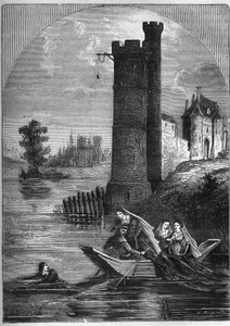 Skandal (Affäre) des Turms von Nesle: Jean Buridan entkam 1314 aus dem Turm von Nesle trotz der Falle, die Königin Marguerite von Burgund (1290-1315) gestellt hatte. Gravur in „Histoire de la prostitution et de la débauche dans les peuples du globe“