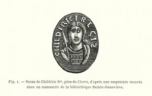 Siegel von Childerich I., Vater von Clovis, nach einem Abdruck in einem Manuskript der Bibliothek Sainte-Geneviève (Gravur) von French School