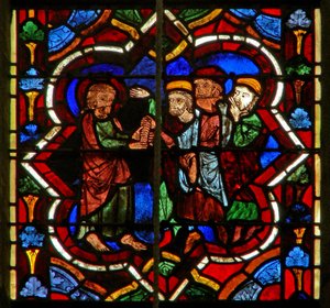 Szene im Ostfenster, Darstellung von Judas erhält das Silber