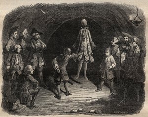 Schule der Diebe gegründet von dem Räuber Louis Dominique Garthausen genannt Cartridge (1693-1721) in einer Karriere in Paris: ein Modell hängt von der Decke, dessen Taschen geleert werden sollen, ohne sich zu bewegen, sonst gibt es eine Schussregen - Schu