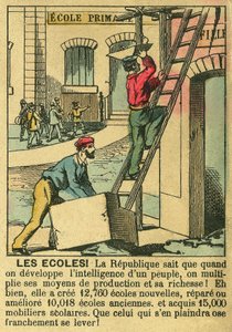 Schulen, die die Vorteile der Dritten Republik für die Entwicklung der Bildung in den Schulen veranschaulichen. Gravur in „Le Figaro, Supplement“, am 30.03.1889, Paris. Sammlung Selva. von French School