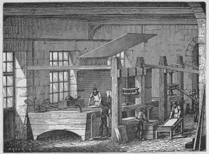 Wissenschaft. Papierherstellung. Handgeschöpftes Papier. Gravur in: Grands hommes et grands faits de l