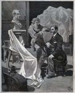 Bildhauerei, Werkstatt eines Bildhauers, Fokus und Skulptur einer Büste. Gravur von 1880 in „Les arts et métiers illustrés“ von Adolphe Bitard.