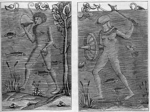 Seesoldat: der Taucher und der Mann der Waffen. Holzschnitte aus dem 16. Jahrhundert. In „La Marine et les colonies: commerce“ von French School