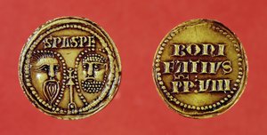 Siegel mit den Köpfen von St. Paul und St. Peter, von einer Bulle von Papst Bonifatius VIII., recto und verso, 1295 (Wachs) von French School