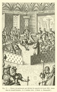 Sitzung des Parlaments, das die Volljährigkeit von Ludwig XIII. erklärt, abgehalten in der Großen Kammer, am 2. Oktober 1614, Sammlung A. Bonnardot von French School