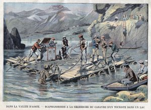 Suche eines Tauchers nach dem Körper eines ertrunkenen Touristen in einem See im Aostatal
