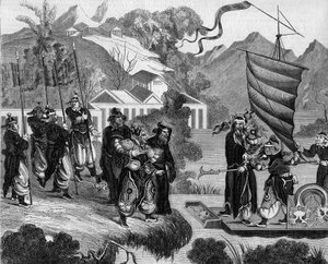 Zweiter Opiumkrieg zwischen Frankreich und England und China (1858-1860): Chinesische Karikatur des Konflikts. Ein Boot ist bereit, die Küste unter dem spöttischen Blick einer Gruppe von Chinesen zu erreichen. An Bord des Bootes zwei Figuren, die Frankreic von French School