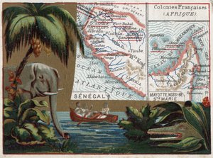 Senegal, Mayotte, Ile de Sainte Marie, Nossi Be (Nossi-be oder Nosy-be oder Nosy be), Afrika. Elefant, Krokodil und Boot in einem Fluss. Serie über die französischen Kolonien. Chromolithographie „der geografische Faden“, um 1920. Private Sammlung von French School