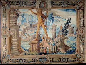 Sieben Weltwunder: der Koloss von Rhodos (Statue des Helios). Wandteppich hergestellt von der Werkstatt der Gobelins. 17. Jahrhundert Paris, Musée des Gobelins von French School
