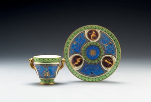 Sèvres blau-celeste und hellgrüne Tasse mit Untertasse, 1790