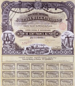 Aktienzertifikat über 100 Francs für die französisch-russische Joltaia-Rieka-Bergbaugesellschaft, 1899 von French School