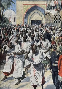 Schiitische Muslime auf Pilgerfahrt in Karbala (Irak), am Grab von Husayn - „Le Petit Journal“, April 1909 (Gravur)