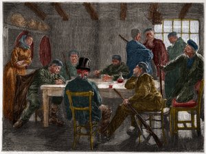 Sizilianische Mafia im 19. Jahrhundert: Verhör eines Landbesitzers durch sizilianische Mafiosi im Jahr 1873. Gravur von 1873. von French School