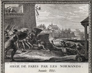 Belagerung von Paris durch die Normannen im Jahr 885. Gravur aus den „Figures de l