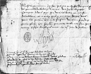 Unterschrift von Ludwig XI. auf einem Brief an den Gouverneur von Anjou, datiert 3. Juli 1472 (Tinte auf Papier)