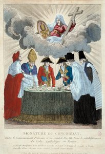 Unterzeichnung des Konkordats von 1801 am 15.07.1801: Es wird zwischen der französischen Regierung (hier vertreten durch Joseph Bonaparte) und dem Heiligen Stuhl (vertreten durch Kardinal Consalvi für Papst Pius VII.) unterzeichnet. 1801 Paris, Musée Carna von French School