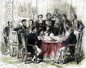 Unterzeichnung der Verordnungen von Saint Cloud (farbige Gravur)