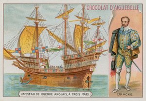 Sir Francis Drake und ein dreimastiges englisches Kriegsschiff von French School
