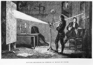 Sir Isaac Newton (1642-1727) bricht das Licht durch ein Prisma, Illustration aus La Vie des Savants Illustres von Louis Figuier, 1868