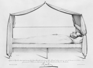 Skizze von Napoleon I. auf seinem Sterbebett, gezeichnet auf St. Helena von Capitaine Marryal, graviert von Bordes von French School