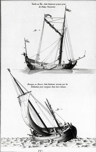 Skizze von Booten: eine Yacht und eine Hourque, ein kleines Boot, das von den Niederländern erfunden wurde, um die Kanäle zu befahren von French School