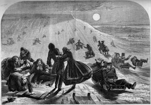 Schlittenfahren in Montreal, Kanada, Winter 1859. Gravur in „Le Monde Illustré“ Nr. 98 vom 26. Februar 1859 von French School