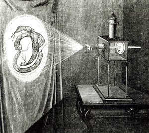 Sonnenmikroskop, aus Les Grandes Inventions Anciennes et Modernes von Louis Figuier, Paris, 1861