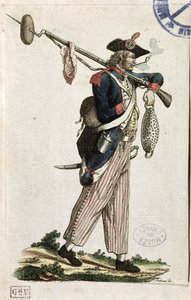 Soldat der Französischen Revolution mit einem Bajonett, an dem ein Brotlaib und ein Stück Fleisch befestigt sind: L