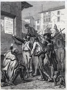Soldaten, eure Bedürfnisse sind groß: Französische Soldaten lesen die Proklamation von General Bonaparte im November 1799 - Gravur von 1865 in „Histoire du Consulat et de l