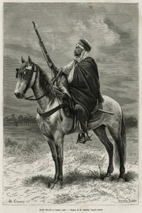 Spahi, effizienter Reiter und Schrecken, der zur Eroberung Algeriens beiträgt, im Dienst Frankreichs, abgelöst im Arabischen Büro, Gravur nach einer Zeichnung von H. Charles, zur Illustration der Geschichte Tebessa und seiner Denkmäler (Algerien), von A. H